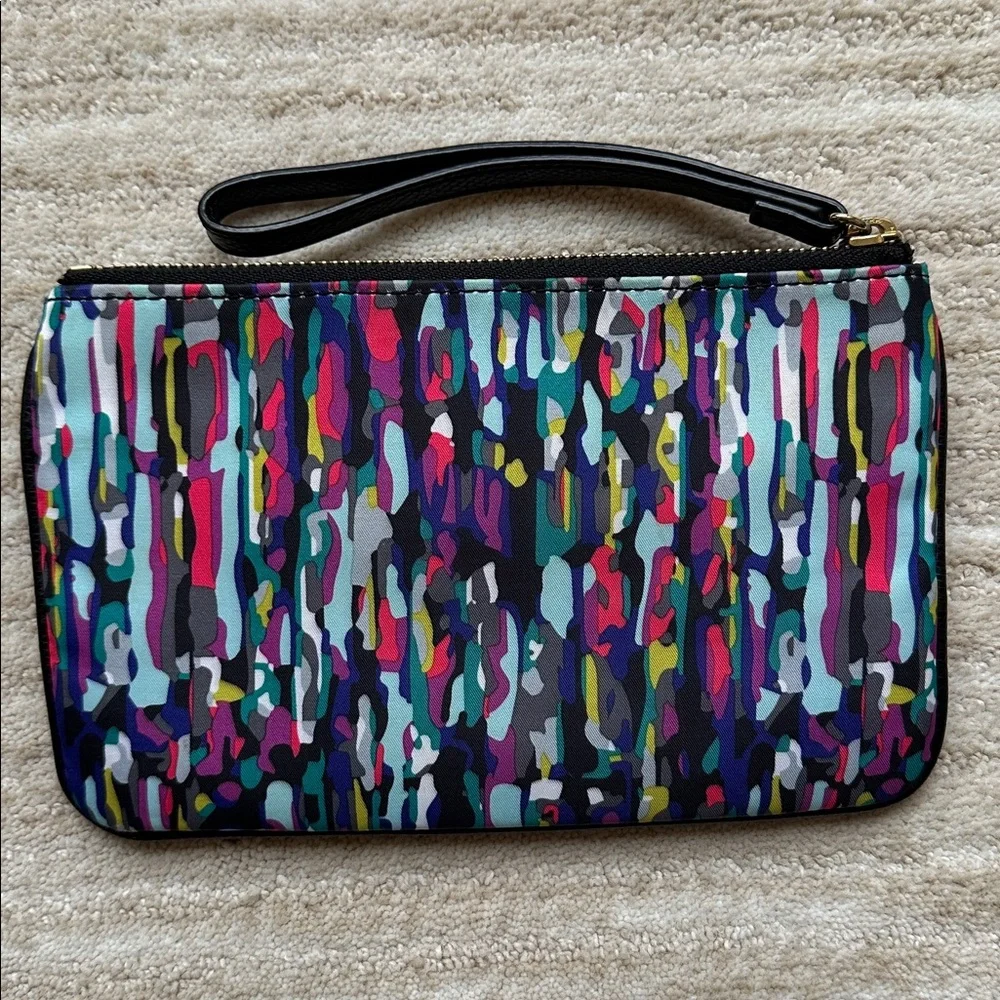 Vera Bradley Envelope Wristlet Watercolor Brushstrokes Black Leather Trim Clutch